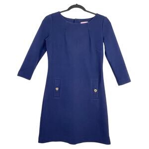 Lilly Pulitzer Charlene Navy Blue Ribbed Shift Dress XS Gold Button 3/4 SLEEVE
